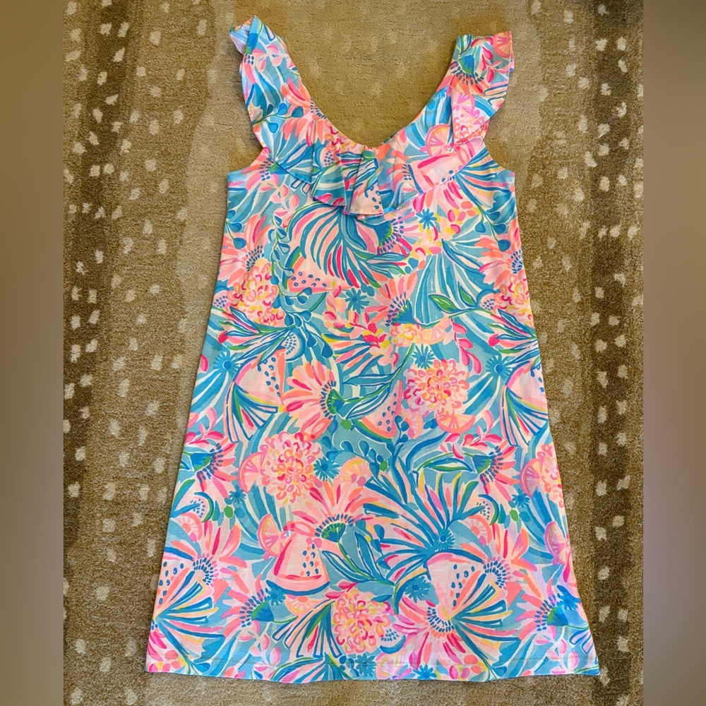 Lilly Pulitzer Pink Blue Green Floral Ruffle Neck Sleeveless Dress